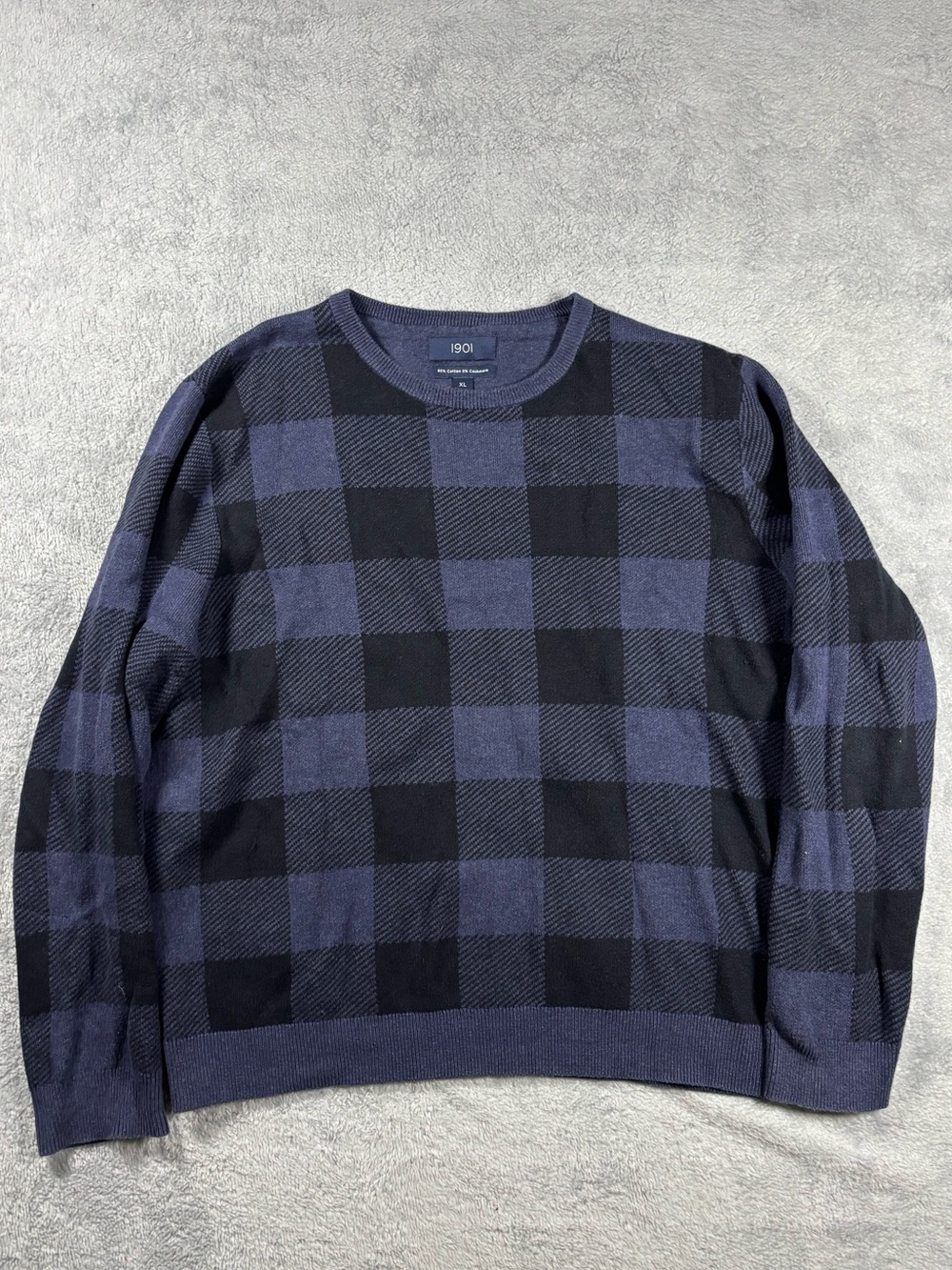 1901 Men's Navy and Black Buffalo Check Crewneck Sweater